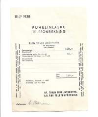 Turun Puhelinyhdistys Oy lasku 1938    firmalomake