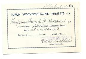 Turun Yksityisyrittäjäin yhdistys ry  jäsenkortti  1938