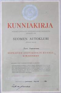 Suomen Autoklubi hopienen ansiomitali kunniakirja   - kehystetty 43x33 cm  alkuperäinen allekirjoitus Erik von Fremckell