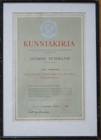 Suomen Autoklubi hopienen ansiomitali kunniakirja   - kehystetty 43x33 cm  alkuperäinen allekirjoitus Erik von Fremckell