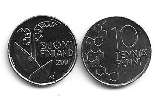 10 penniä  2001   Suome viimeinen 10 pennin kolikko