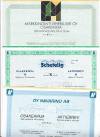 Specimen osakekirja yht 3 kpl erä Markkinointi Viherjuuri, Scheteling ja Navarino Oy