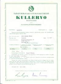 Tapaturma Vakuutusosakeyhtiö  Kullervo - vakuutuskirja   Helsinki 1974