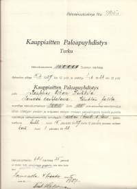 Kauppiaitten Paloapuyhdistys  - vakuutuskirja  Turku 1927