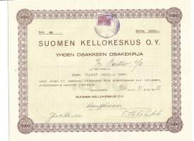 Suomen Kellokeskus Oy, 1 000 mk osakekirja, Tampere 31.8.1926