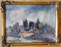 Tuntematon taiteilija &quot;Marraskuulainen&quot;, Maisema akvarelli ei signeerattu kehystetty 28x35 cm