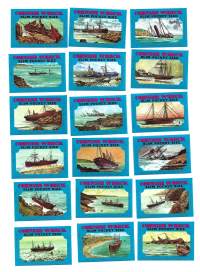 Match Box Labels - 18 Cornish Ship Wrecs -sarja (nrot 51-56 &amp;; 58-67 - 57 ei painettu)  Cornish Match Co Slim Pocket Size -  tulitikkuetiketti  koko sarja  18 eril
