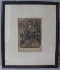 Frans Nyberg, Punkaharju 1927, etsaus 11x8/22x19 cm / Frans Nyberg (1882 Pietari –  1962 Porvoo) oli suomalainen arkkitehti, graafikko ja taidemaalari. Hän