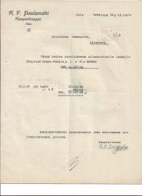 K F Paulamäki Kangaskauppa Oulu 1929  firmalomake
