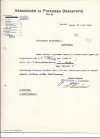 Kärkkäinen ja Putkonen Oy Iisalmi 1922 - firmalomake