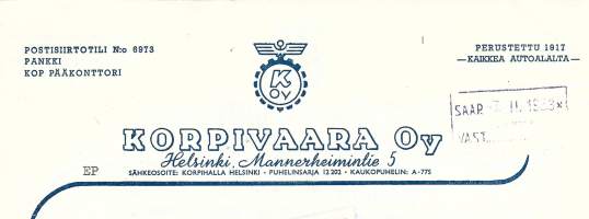 Korpivaara Oy Helsinki  1953   firmalomake