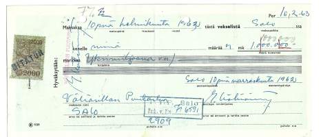 Vekseli 1 000 000 mk / veromerkki  2 000 mk 1962