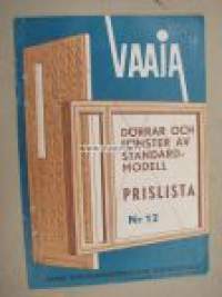 Vaaja dörrar och fönster Prislista nr 12 1963 -hinnasto