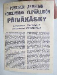 Punaisen Armeijan Korkeimman Ylipäällikön Päivkäsky Kenraalieversti Tolbuhinille... -neuvostoliittolainen lentolehtinen, josta tehty postikortti