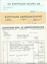 Kupittaan  Valimo, Kupittaan Savi ja Kupittaan Vesi- ja Lämpöjohtoliike Turku 1950 l -  firmalomake 3 eril