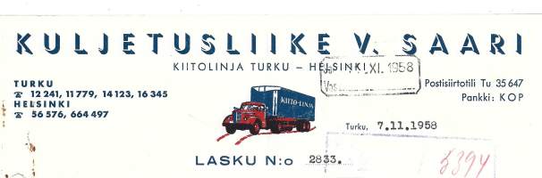 Kuljetusliike V Saari Turku 1958 firmalomake