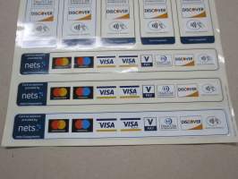 Card Logo Stickers for point of sale: Mastercard, Visa, Diners and Discover - Nets -luotto- ja maksukorttien tarroja / logo ostopisteessä hyväksyttävistä korteista