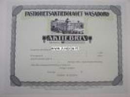 Fastighetsaktiebolaget Wasaborg, Wasa, 500 f.mk aktiebref -vaasalaisen asunto-osakeyhtiön kuvallinen osakekirja / share certificate. Vaasa -aihe.