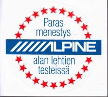 ALPINE - Paras menestyjä alan lehtien testeissä -tarra.  8 cm.