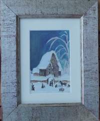 Toimi Kiviharju   &quot;Joulukirkko &quot;   alkuperäismaalaus, postikortin originaali 27x21 cm kehystetty