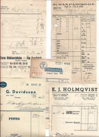 1930-luvun Paragon kuitteja  Auran Panimo, Turun Makkaratehdas, K J Holmqvist, G Davidsson ja Turun Rautakauppa firmalomake  5 eril