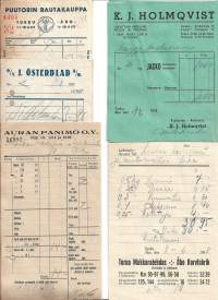 1930-luvun Paragon kuitteja  Auran Panimo, Turun Makkaratehdas, K J Holmqvist, J Österblad ja Puutorin  Rautakauppa firmalomake  5 eril