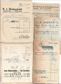 1930-luvun Paragon kuitteja  Auran Panimo, Turun Makkaratehdas, K  Wiklund  ja M Ingman firmalomake  5 eril