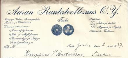 Auran Rautateollisuus Oy Turku 1937 - firmalomake