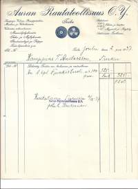 Auran Rautateollisuus Oy Turku 1937 - firmalomake
