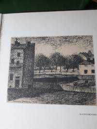 Lennu Juvela: Piirroksia Esipuhe Aaro Hellaakoski. P.1947. Kuvia 48 kpl. Elämän arjesta Tampereelta ja lähiseudulta.Taloja, asuinalueita, ihmisiä arjen askareissa