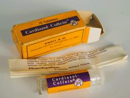 Cardiazol Coffein käytetty tyjä  lääkepakkaus  muovia ja pahvia  6x2x2 cm