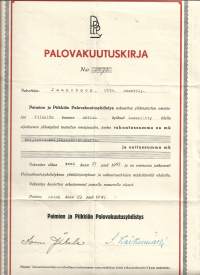 Paimion ja Piikkiön  Palovakuutusyhdistys Palovakuutus    - vakuutuskirja 1947