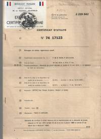 Republique Francaise Certificat D´útille   nr  74 17123 - patentti asiakirja 1973