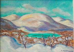 Arvo Makkonen, &quot;Talvinen tunturi&quot;  öljyvärimaalaus  levylle 1944, 41x52 cm kehysten kanssa
