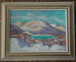 Arvo Makkonen, &quot;Talvinen tunturi&quot;  öljyvärimaalaus  levylle 1944, 41x52 cm kehysten kanssa