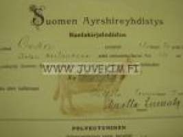 Suomen Ayrshireyhdistys Lehmä &quot;Onka&quot;, omistaja Hannes Palmrot, Partola, Tampere, Kasvattaja O. G. Schildt, Ilola, Suopelto -kantakirjatodistus 1925