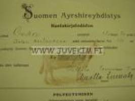 Suomen Ayrshireyhdistys Lehmä &quot;Onka&quot;, omistaja Hannes Palmrot, Partola, Tampere, Kasvattaja O. G. Schildt, Ilola, Suopelto -kantakirjatodistus 1925