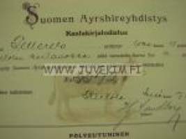 Suomen Ayrshireyhdistys Lehmä &quot;Pellervo&quot;, omistaja Hannes Palmroth, Partolan Kartano, Tampere -kantakirjatodistus 1926