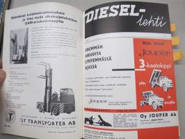 Diesel-lehti 1959 sidottu vuosikerta, runsas mainoskuvitus työkoneista ja moottoreista, värikuvaesittelyt mm. Fiat 600 &amp; Volga, erittäin laadukas julkaisu
