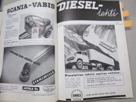 Diesel-lehti 1959 sidottu vuosikerta, runsas mainoskuvitus työkoneista ja moottoreista, värikuvaesittelyt mm. Fiat 600 &amp; Volga, erittäin laadukas julkaisu