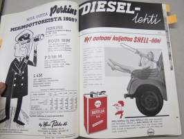 Diesel-lehti 1959 sidottu vuosikerta, runsas mainoskuvitus työkoneista ja moottoreista, värikuvaesittelyt mm. Fiat 600 &amp; Volga, erittäin laadukas julkaisu