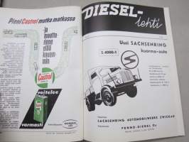 Diesel-lehti 1959 sidottu vuosikerta, runsas mainoskuvitus työkoneista ja moottoreista, värikuvaesittelyt mm. Fiat 600 &amp; Volga, erittäin laadukas julkaisu