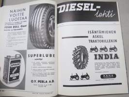Diesel-lehti 1959 sidottu vuosikerta, runsas mainoskuvitus työkoneista ja moottoreista, värikuvaesittelyt mm. Fiat 600 &amp; Volga, erittäin laadukas julkaisu