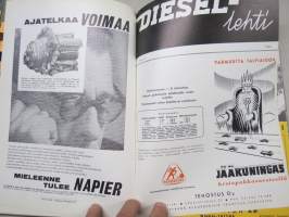 Diesel-lehti 1959 sidottu vuosikerta, runsas mainoskuvitus työkoneista ja moottoreista, värikuvaesittelyt mm. Fiat 600 &amp; Volga, erittäin laadukas julkaisu