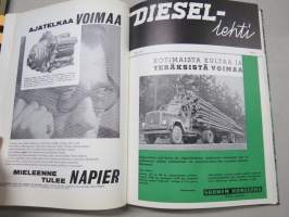 Diesel-lehti 1959 sidottu vuosikerta, runsas mainoskuvitus työkoneista ja moottoreista, värikuvaesittelyt mm. Fiat 600 &amp; Volga, erittäin laadukas julkaisu