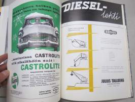 Diesel-lehti 1959 sidottu vuosikerta, runsas mainoskuvitus työkoneista ja moottoreista, värikuvaesittelyt mm. Fiat 600 &amp; Volga, erittäin laadukas julkaisu