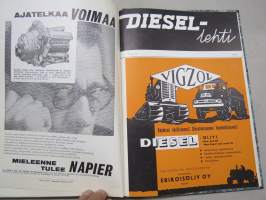 Diesel-lehti 1959 sidottu vuosikerta, runsas mainoskuvitus työkoneista ja moottoreista, värikuvaesittelyt mm. Fiat 600 &amp; Volga, erittäin laadukas julkaisu