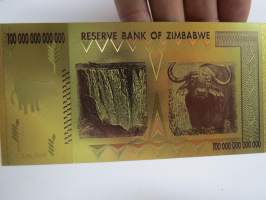 Zimbabwe One Hundred Trillion Dollars 100 000 000 000 000 Gold foil novelty note -keräilyseteli 24 K kullattu seteli, leikkirahaa