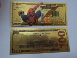 Spiderman - Hämähäkkimies - 100 USD - One Hundred US Dollars - Gold foil novelty note -keräilyseteli 24 K kullattu seteli, leikkirahaa