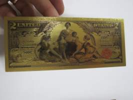 Two (2) Silver Dollars - United States - Gold foil novelty note -keräilyseteli 24 K kullattu seteli, leikkirahaa